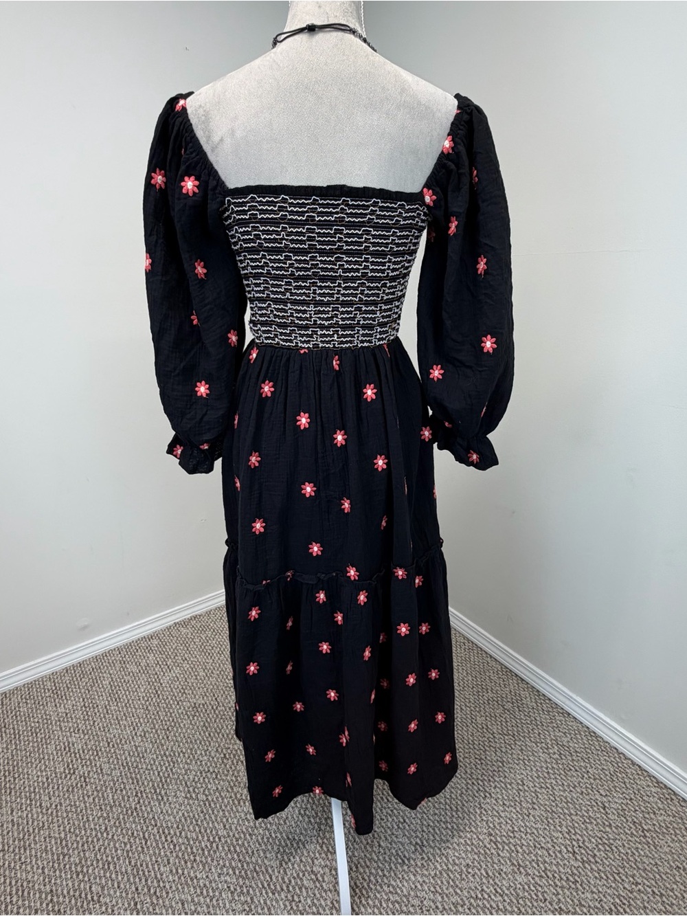Free People Dahlia Embroidered Maxi Dress S /M Tiered Smocked Black Combo Boho - Picture 9 of 15